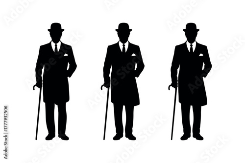 Three silhouettes of men in suits and bowler hats holding canes on white backdrop