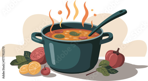 Hot pot of vegetable soup with fresh ingredients for a healthy meal isolated flat vector illustration