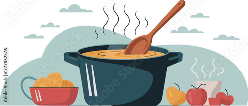 Hot pot of soup or porridge with fresh fruit for a cozy autumn meal concept vector illustration