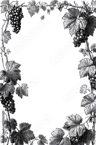 Vintage Grapevine Border: An elegant and classic vintage-style border featuring meticulously detailed grapes and lush leaves frames a blank space, evoking a sense of timelessness and sophistication.
