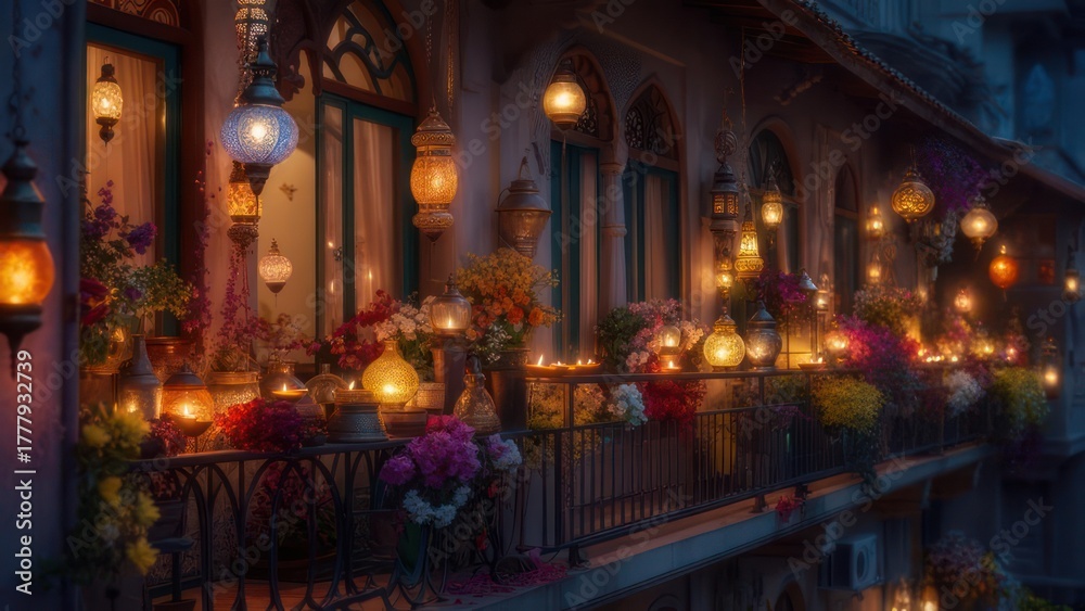 Fototapeta premium Evening shot of a balcony adorned with glowing lanterns and colorful flowers