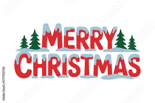 Red merry christmas text with snow accents and evergreen trees illustration