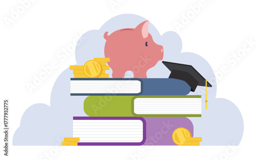 Education fund concept. Piggy bank with graduation hat and stack of books