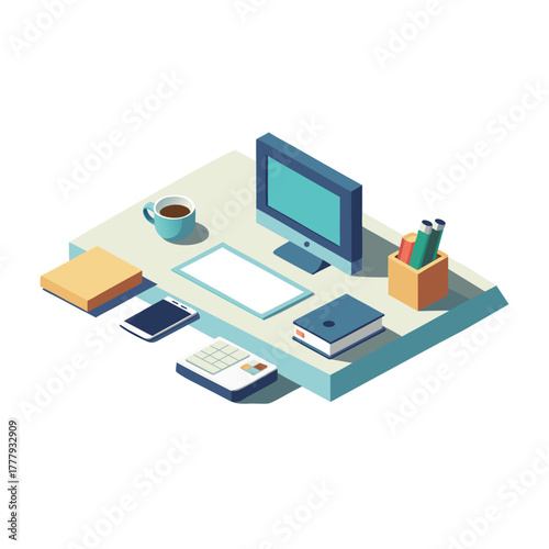 Detailed isometric 3D office desk illustration. Perfect for visualizing modern workspaces, technology integration, and ergonomic design. Enhance your projects now!