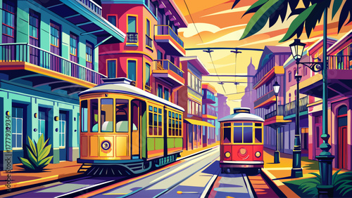 Very beautiful New Orleans, Louisiana, USA streetcars moving along historic tracks, colorful buildings and balconies in the background, lively atmosphere with warm sunlight casting soft shadows, iconi