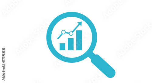 Vector illustration of a cyan magnifying glass icon over a bar chart with an upward trending arrow