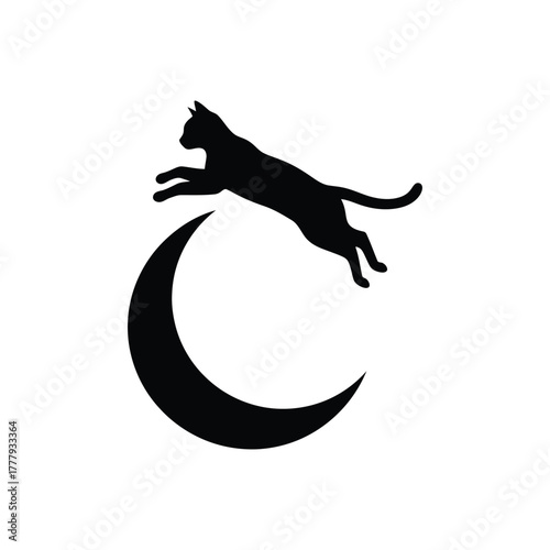 Black cat jumping over a crescent moon on white background