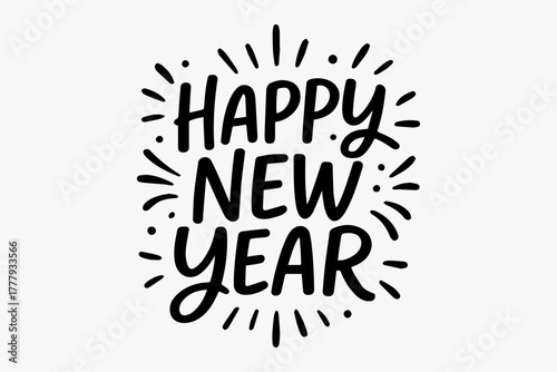 Happy New Year handwritten lettering with radiating lines on a white background, festive greeting