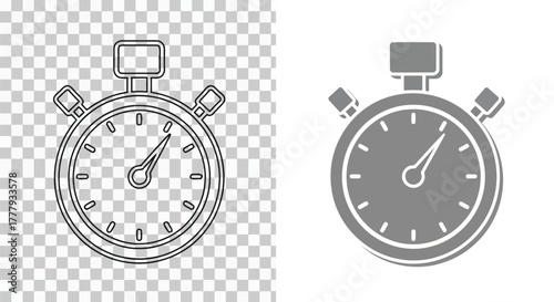 Vector illustration of a stopwatch icon shown in outline and solid grey style on a transparent and, representing time and measurement