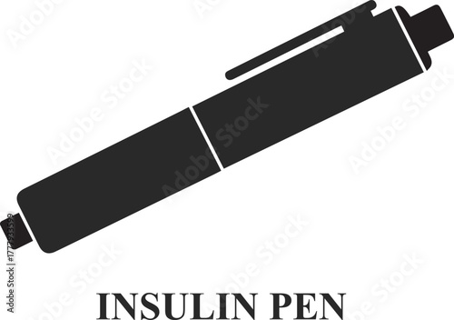 Black silhouette of an insulin pen with the words insulin pen below medical device diabetes