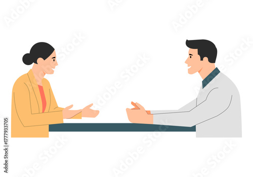 Reunión de negocios. Dos personas sentadas frente a frente en una mesa conversando. Comunicación profesional, negociación y trabajo en equipo. Ilustración vectorial