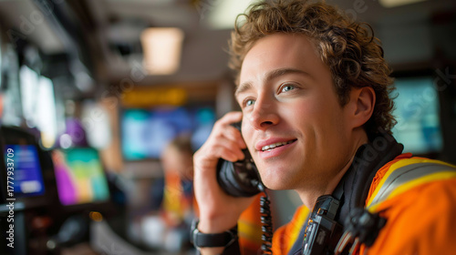 EMS crew communicating via radio with dispatch terminal visible, dispatch, radio traffic, coordination, technology, emergency call, with copy space