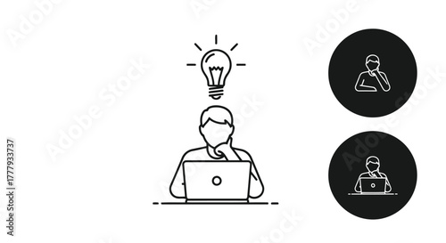 Vector illustration of man with a laptop and a light bulb above his head, symbolizing an idea or innovation