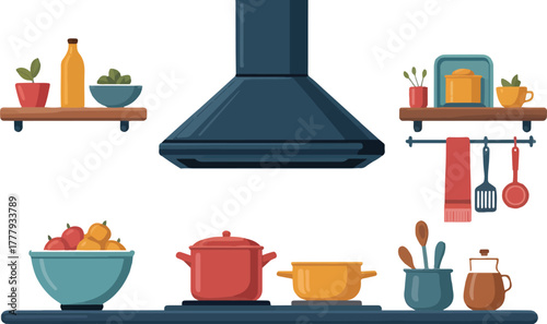Modern kitchen interior with stove utensils and food for home cooking concept flat vector illustration