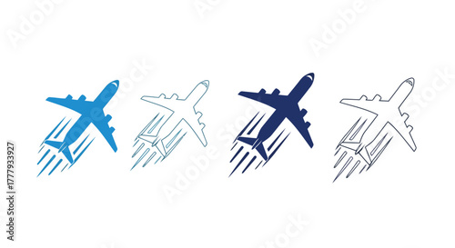 Vector illustration of set of airplane icons in different styles and colors, representing travel and aviation