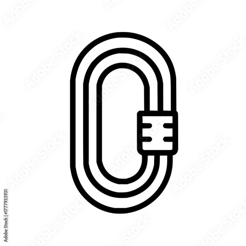 Illustration of a black outline carabiner with a square locking mechanism on a white background
