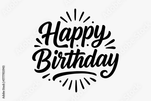 Happy Birthday text with radiating lines and sunburst effect, celebratory typography for festive occasions and parties