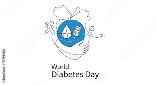 World diabetes day emblem featuring a heart and a blue circle design