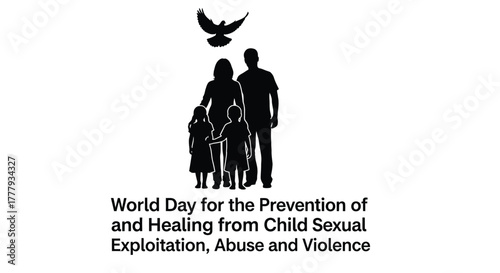 Silhouette family with bird above promoting child safety and prevention awareness