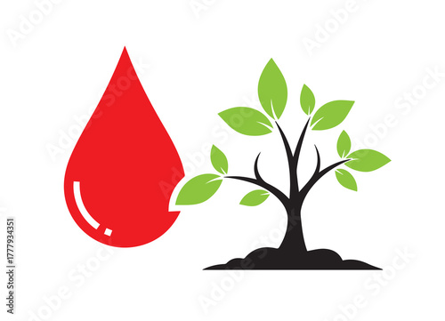 Red blood drop next to a stylized green leaf tree on white background liquid health
