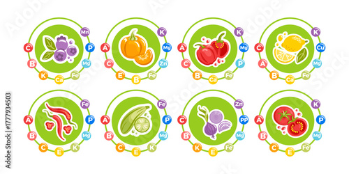 A vector illustration of a vibrant fruit and vegetable set labeled with key vitamins and minerals each item contains, highlighting fresh, healthy nutrition in a clean, modern style.