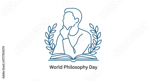 A thoughtful man reading a book framed by laurel branches philosophy