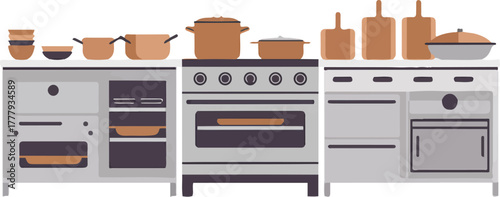 Professional restaurant kitchen interior with stove oven and stainless steel equipment for commercial cooking vector illustration