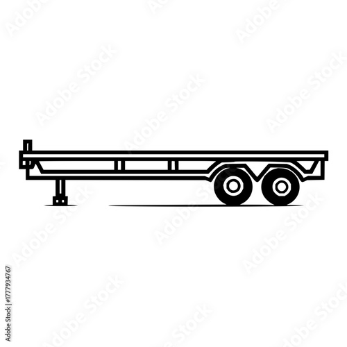 Illustration of a flatbed trailer with two axles and a support stand in a black outline design