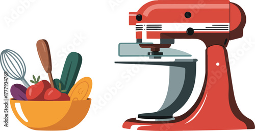 Red stand mixer kitchen appliance for baking and cooking food preparation isolated flat vector illustration