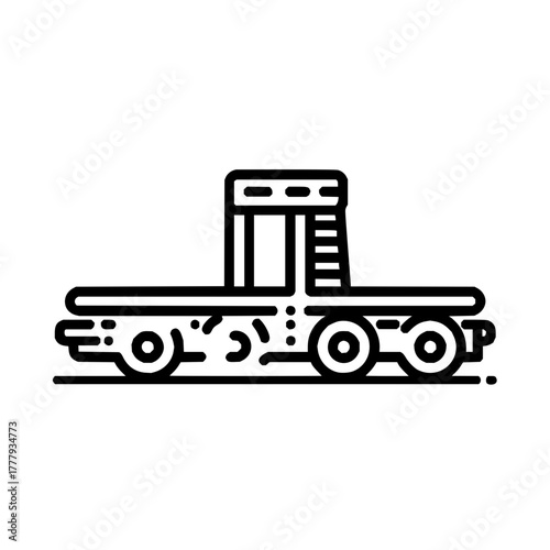 Illustration of a flatbed railcar with a small structure on top in black and white line art style