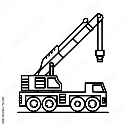 Illustration of a mobile crane with an extendable boom and a hanging hook in black and white outline