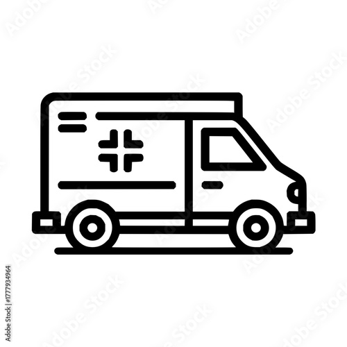 An illustration of a simplistic ambulance with a cross symbol and two wheels in black outline style