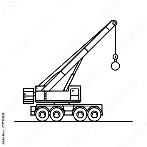 Illustration of a mobile crane with a boom extended and a wrecking ball hanging from the end of the boom