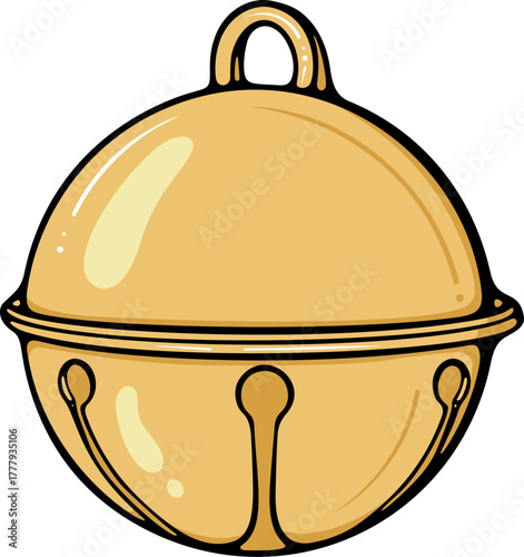 Shiny golden round Christmas bell. For festive cards, invitations, holiday decorations. Simple vector color illustration with outline in hand drawn style isolated on white