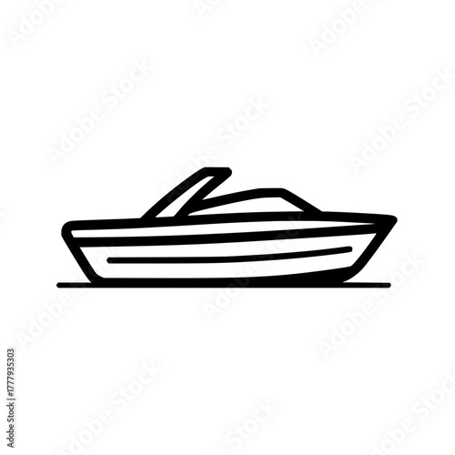 Illustration of a motorboat with a cabin and horizontal lines on the hull, in black and white, simple style