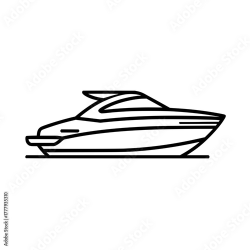 A minimalistic line drawing of a sleek motorboat floating on a calm water surface in black outline