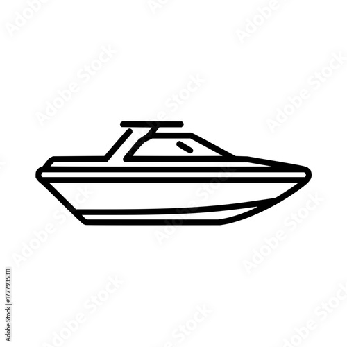 Illustration of a sleek motorboat with a cabin, depicted in a simple black outline style design element