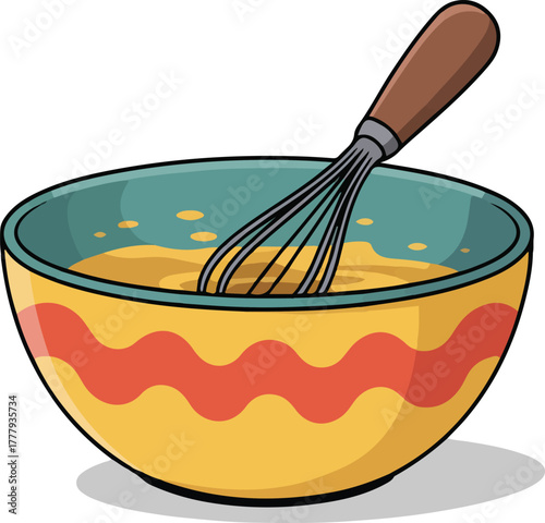 Whisking eggs or batter in a colorful ceramic bowl for cooking or baking isolated cartoon vector illustration