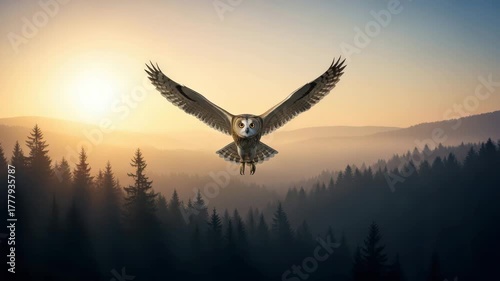 Owl flying over a misty forest at sunset with its wings spread wide open