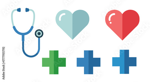A colorful set of flat design medical icons featuring a stethoscope hearts and plus sign symbols.