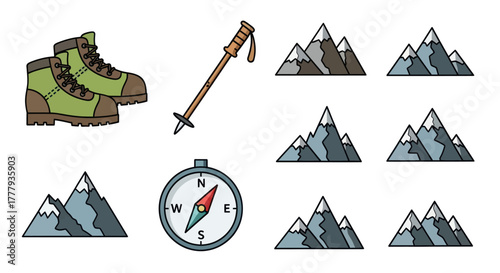 Hiking Equipment Set: Boots Trekking Pole Compass and Mountain Icons.