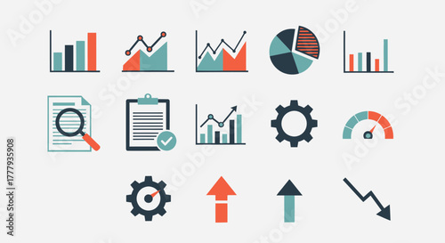 A colorful collection of flat vector icons for data analysis business reports and infographics.