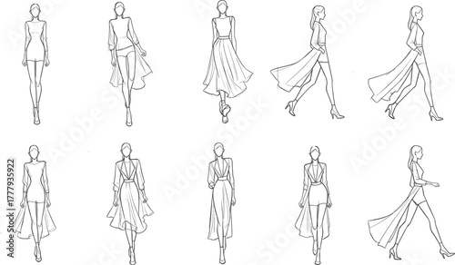 Minimalist fashion sketch collection of female models in stylish poses wearing modern dresses, skirts, and flowing garments for design inspiration