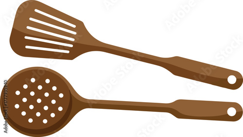 Wooden kitchen utensils with spatula and skimmer spoon for cooking isolated vector illustration