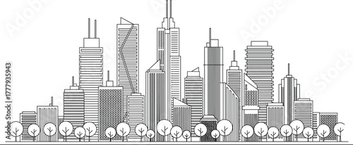 Modern city skyline vector illustration with high-rise buildings, urban architecture, minimal line art style, trees foreground, black and white