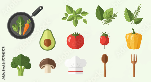 A collection of flat design vector icons featuring fresh vegetables herbs and cooking equipment.