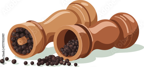 Wooden pepper mill and grinder with black peppercorns spice for cooking and seasoning isolated vector illustration
