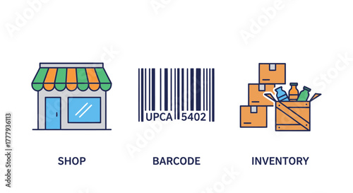 A set of colorful line art icons representing a shop a product barcode and warehouse inventory boxes.
