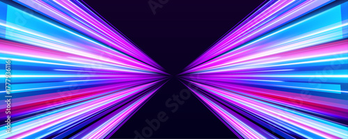 Abstract neon lines flow through a futuristic city highway. Blue and violet light beams merge in a dynamic blur. The scene reflects the power of modern motion and speed.