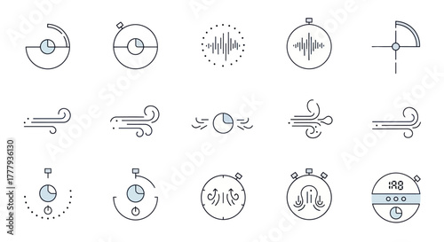 Set of Weather and Time Icons in Linear Style Representing Various Atmospheric Conditions and Temporal Concepts.